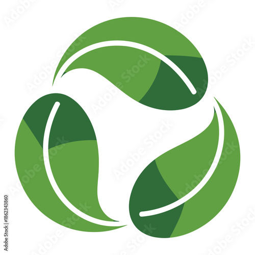 Three green leaves forming a circular eco-friendly symbol, representing sustainability, nature, and environmental conservation.