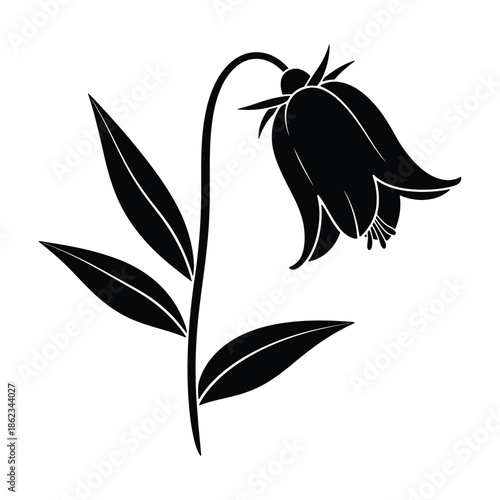 Black silhouette of a single bellflower with leaves on a stem, isolated on a white background, representing botanical elegance.