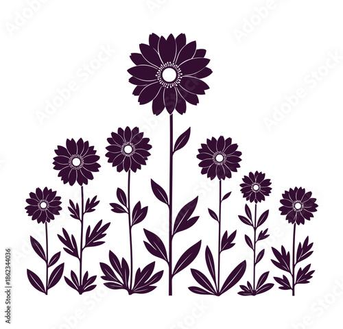 Stylized dark purple flowers with a prominent central bloom against a clean white background, forming a decorative floral arrangement.