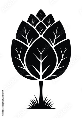 Stylized black and white illustration of a layered plant resembling a hop cone or artichoke with a stem and grass at its base.