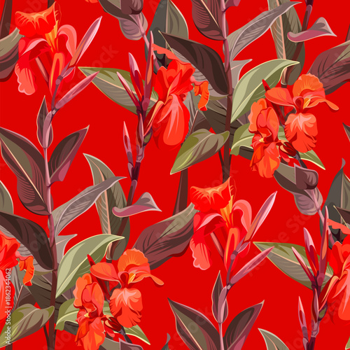 Seamless pattern with Сanna Lily. Red flowers with leaves. Plants isolated on a red background. Tropical houseplants.