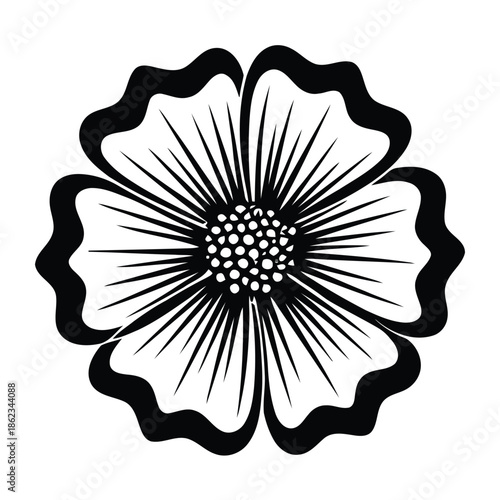 Black and white stylized floral illustration with intricate details and wavy petals, a decorative graphic element.