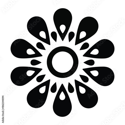 Abstract black and white floral design with radiating teardrop petals and a central circle, resembling a stylized flower or sun.