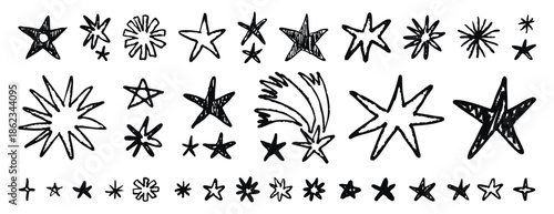 Set stars and meteorite doodle style drawn by hand. Grunge scrawls, charcoal scribbles, rough brush strokes, underline. Bold charcoal freehand stars. Crayon or marker scribbles, hand drawn. Suitable.