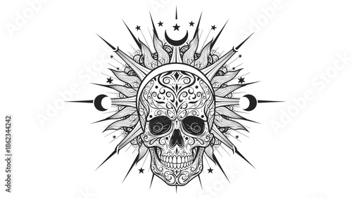 Ornate Skull with Celestial Elements A Detailed Line Art Illustration.