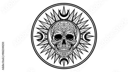 Ornate Skull with Sunburst and Crescent Moons in Circular Frame.