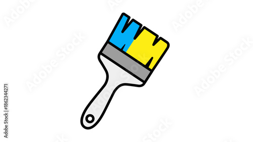 Paintbrush with blue and yellow bristles for painting projects.
