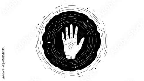 Palmistry Hand in Cosmic Circle Divination and Mystical Symbolism.