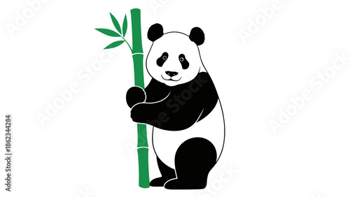 Panda Bear Illustration Holding Bamboo Stalk with Leaves.