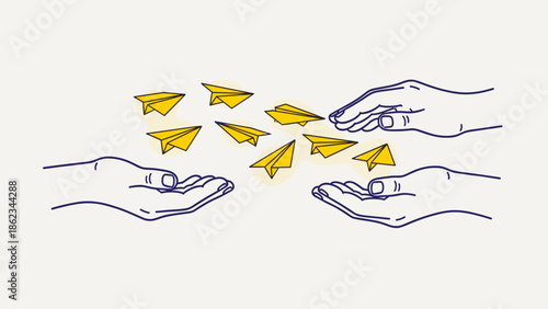 Paper airplanes flying between hands communication and connection concept.