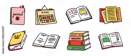 Books set open and closed colorful books and stacks, cozy hand drawn doodle style.
