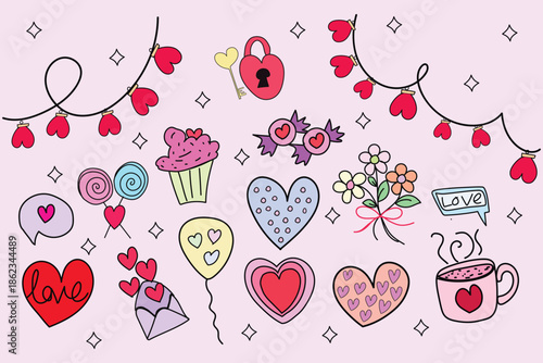 Seamless Valentine Pattern with Hearts and Flowers in Pink Vector Style