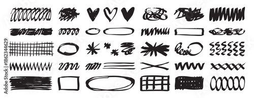 Scribble shapes marker brush texture set collection doodle hand drawn icon. Outline drawing template line clipart symbol