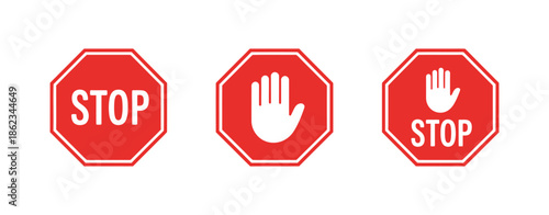 Red stop sign vector illustration, white hand symbol and text, traffic safety concept, prohibition warning, public area regulation, visual communication, and professional graphic design resource.