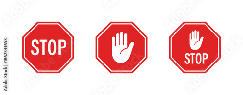 Red stop sign, white text and hand symbol on red traffic sign, vector illustration for public safety, prohibition warning, traffic control, and high ranking design template.