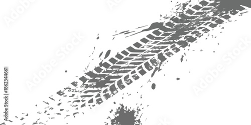 Dirty off-road vehicle tire track print isolated on a white background in a grunge style