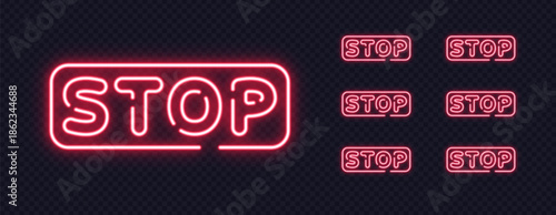 Bundle of bright STOP neon signs in various shades, great for warnings, alerts or interface controls.