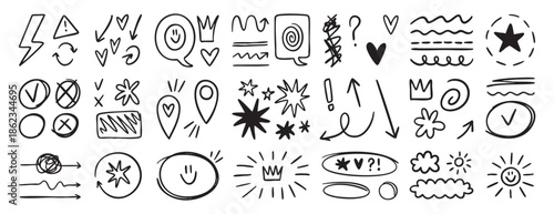 Swishes, sweeps, swoops doodle set, hand drawn highlight elements, calligraphy swirl retro flower heart, star crown for text emphasis