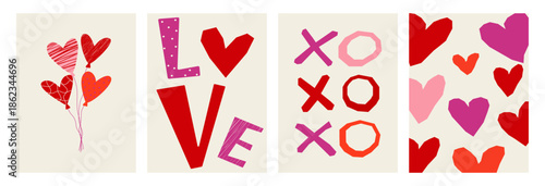 Set of four vertical posters featuring abstract red and pink hearts, love text, xoxo, and heart balloons