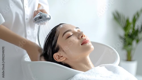 Woman getting a shampoo at a salon, eyes closed. Water flows from showerhead onto her hair
