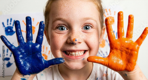A young girl with blue and orange paint on her hands and nose smiling joyfully during a creative art activity