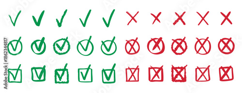 Check marks doodle set vote yes no cross hand drawn icon