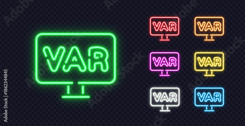Set of glowing VAR neon signs in various colors, perfect for football match reviews or sports-related broadcasts.