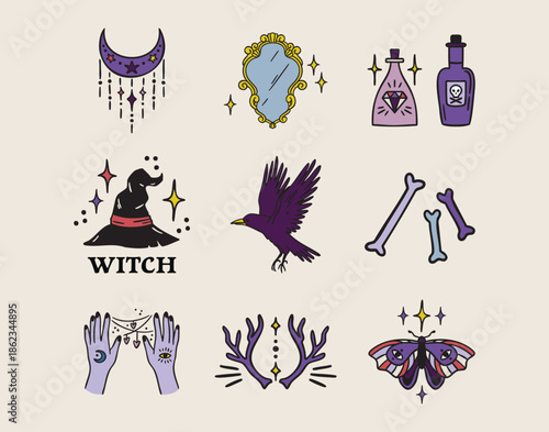 Witch Halloween set antlers and mirror, raven and bones, witch hat and moon, thread hands and jars, moth violet yellow beige palette, hand drawn