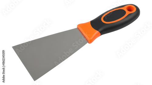 Professional metal putty knife with orange and black rubber handle on transparent background 3d