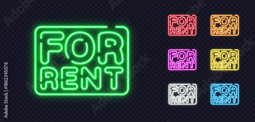 Bundle of FOR RENT neon signs in multiple shades, great for property listings, business spaces or rental announcements.