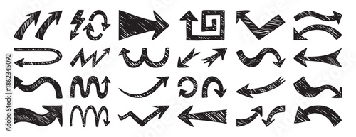 Thick arrow monochrome icons set collection doodle hand drawn icon. Outline drawing curve line clipart symbol.