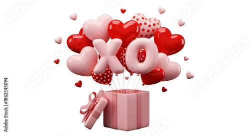 Pink Gift Box Overflowing With Red And Pink Heart Balloons And XO Letters Love Message