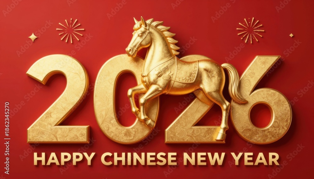 Fototapeta premium Celebrating chinese new year 2026 golden horse symbolism and festive background for a vibrant cultural experience