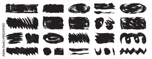 Assortment of varied dry brush strokes provides versatile texture kit for creative moodboards, posters and packaging mockups with mixed marks, ovals, bars and zigzags showing handcrafted grain