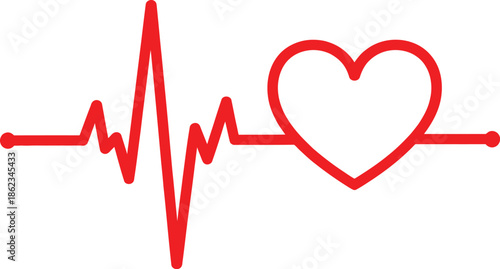 Red heartbeat line pulse with heart shape icon for medical health care cardiology and romantic love concept isolated on transparent background