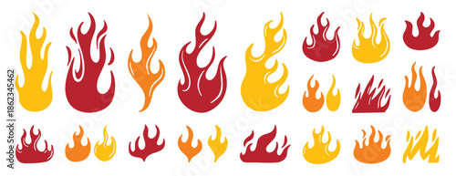 set of flame and fire. Colored hand drawn doodle elements. Flame silhouette, flames, different shapes, cartoon style, simple shapes, ornate, graceful lines, a set of isolated elements.