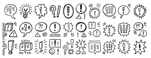 Hand drawn exclamation mark doodle speech bubbles set. Comic chat balloon collection. Sketch style communication elements vector