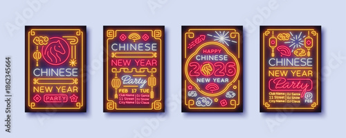 A vibrant set of neon Chinese New Year posters featuring glowing symbols, festive details. Bright designs create an energetic celebratory mood perfect for party promotions.