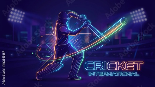 neon cricket batsman hitting ball in glowing stadium scene