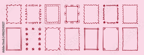 Wavy frame border pink romantic doodle hand drawn icon. Outline drawing curly frame line clipart symbol.