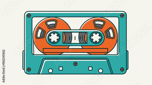 Retro Cassette Tape Illustration with Orange Reels and Teal Casing.