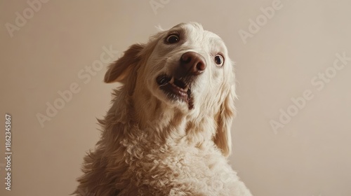 Startled dog with wide eyes stares upwards with comical expression