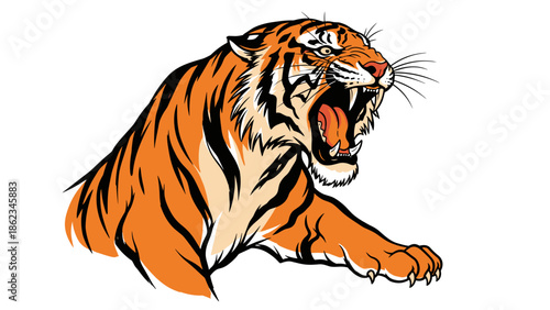 Roaring Tiger Illustration Fierce Feline with Open Mouth and Sharp Teeth.