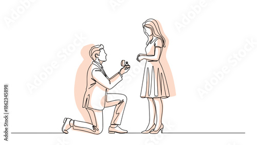 Romantic Proposal Sketch Man on Knee Offering Ring to Woman.
