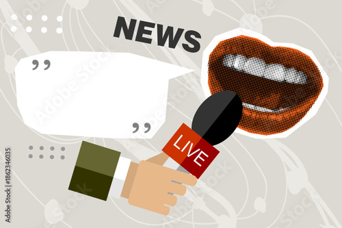 Trendy Halftone Collage Journalist's mouth screams into microphone. Social media interview. Daily news. Reporter with audio equipment. Press conference. Contemporary vector illustration art	