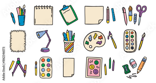 Drawing elements set, papers, paints and brushes, colorful kids art, hand drawn