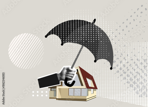 Trendy Halftone Collage Black and white hand holding an umbrella above a little house, symbol of residential security from mortgage payment or damage. Modern collage style. Vector illustration