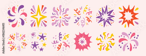 Firework pink girly set collection doodle hand drawn icon. Outline drawing burst line clipart symbol.