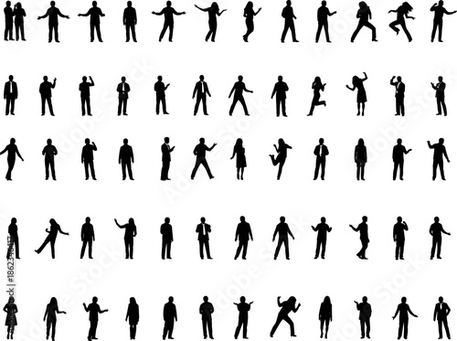 Extensive collection of black human silhouettes featuring diverse people in motion, standing, dancing, and gesturing, isolated vector set for architectural visualization and graphic design.