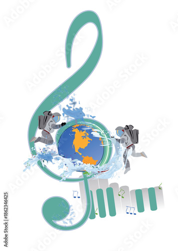Abstract musical design with a treble clef and Planet Earth, spaceman, colorful splashes, notes and waves.  Planet music. Hand drawn vector illustration.